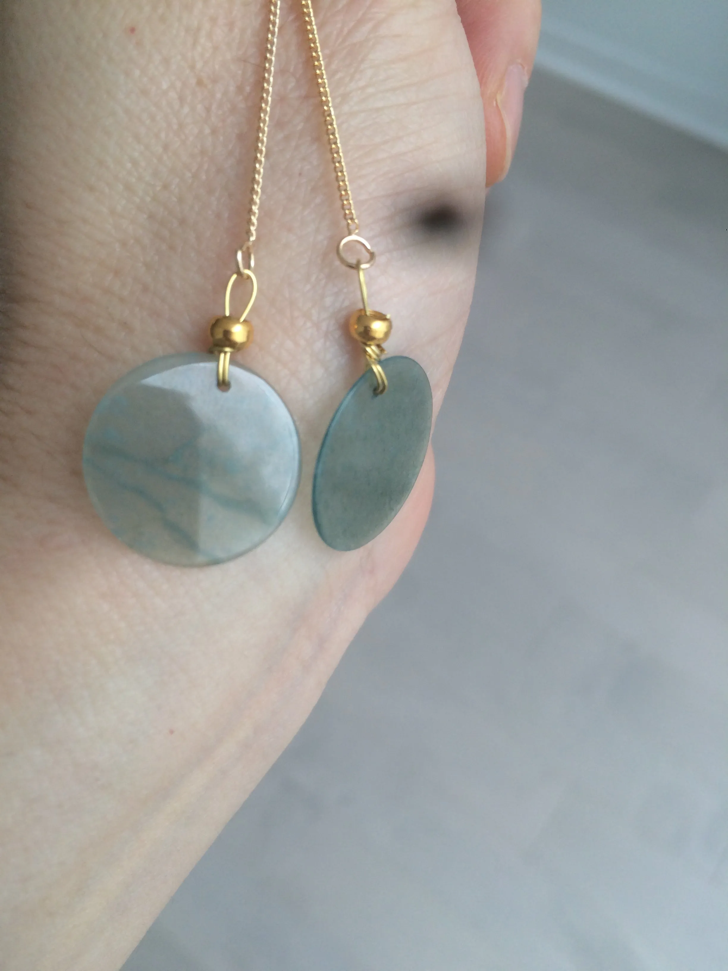 100% Natural icy watery blue/green/gray plate (蝉翼) dangling Guatemala jadeite Jade earring S46