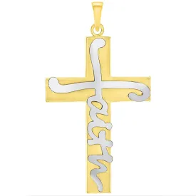 14k Two-Tone Gold Scripted Faith Religious Cross Pendant