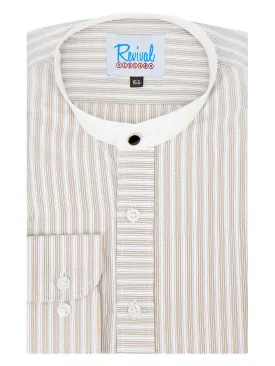 1940s Collarless Grandad Shirt - Brown Orton Stripe