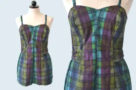 1950s Plaid Romper Cotton Swimsuit size M