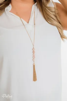 Adjustable Beaded Tassel Gold Necklace- Pink Aventurine