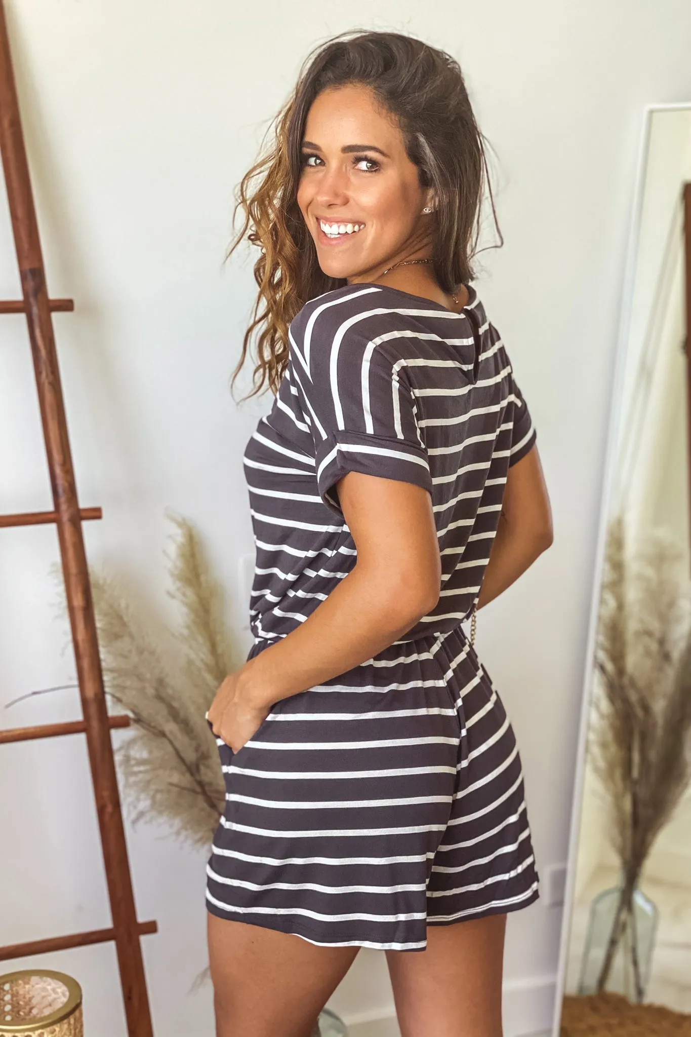 Ash Gray Striped Romper With Pockets