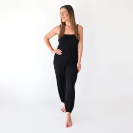 Black Ribbed Women's Sleeveless Smocked Jumpsuit