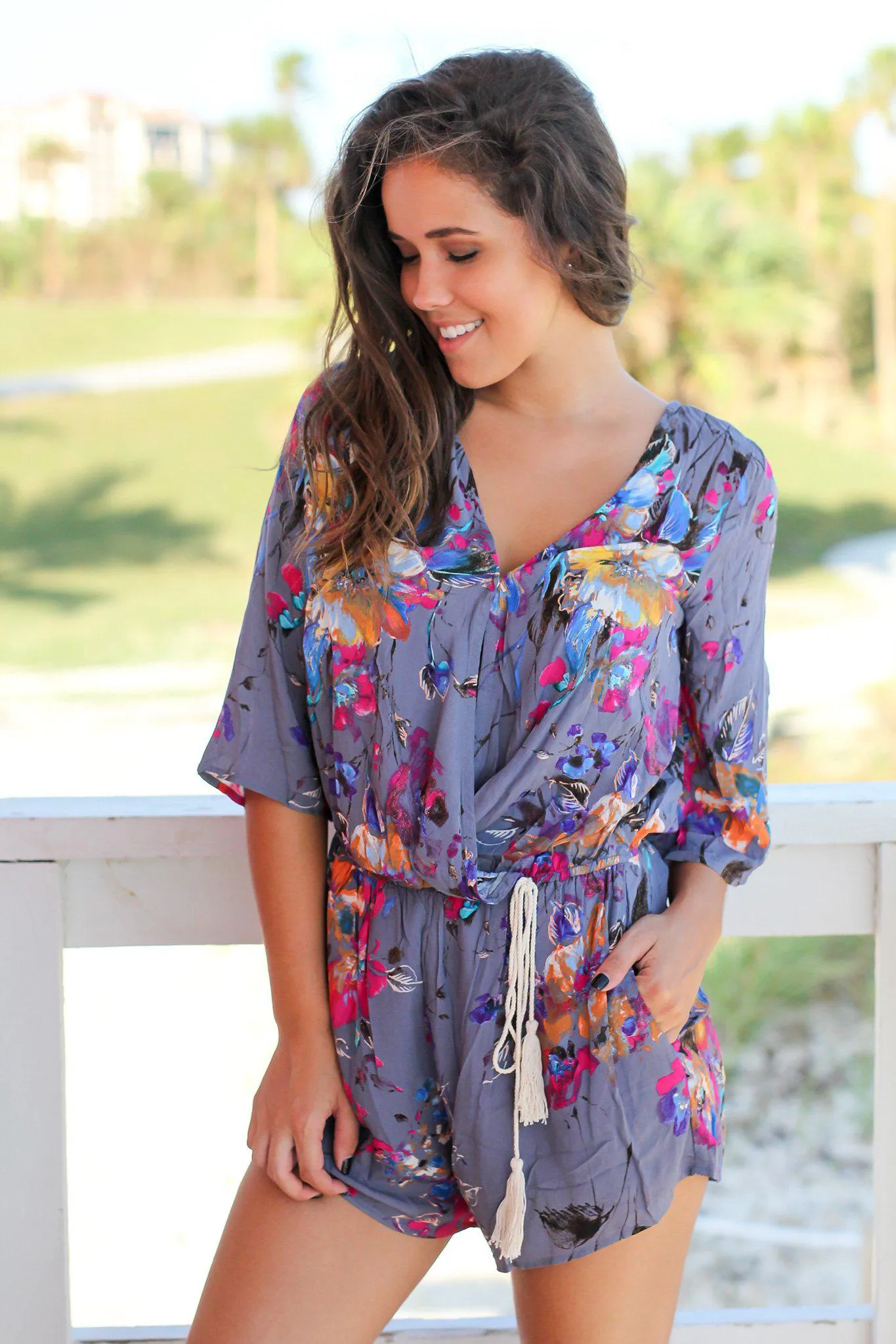 Gray Floral Romper