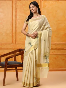 Kerala Cream Gold Jari Embroidery Saree KS107