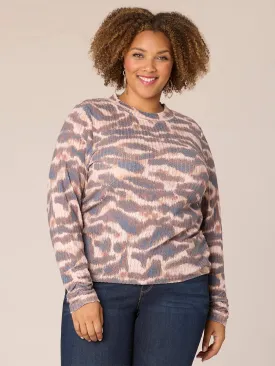 Long Sleeve Crew Neck Ruched Abstract Print Plus Size Knit Top