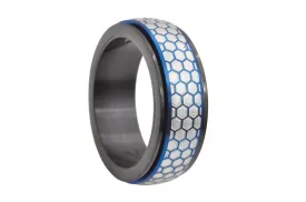 Mens Black And Blue Honey Comb Textured Stainless Steel Spinner Band