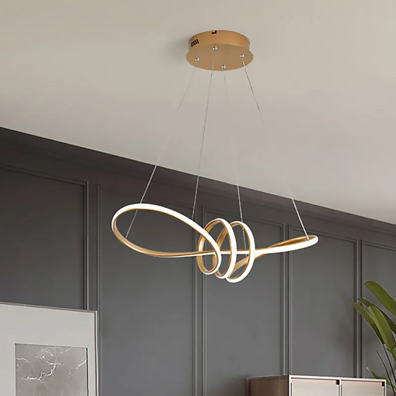 Modern LED Pendant Chandelier with Gold Spiral Design and Acrylic Shade in Multiple Light Colors