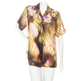 Multicolored Silk Abstract-Print Embroidered Floral Shirt