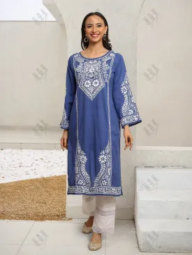 Saba Chikankari Long Kurti in Cambric Cotton - Blue